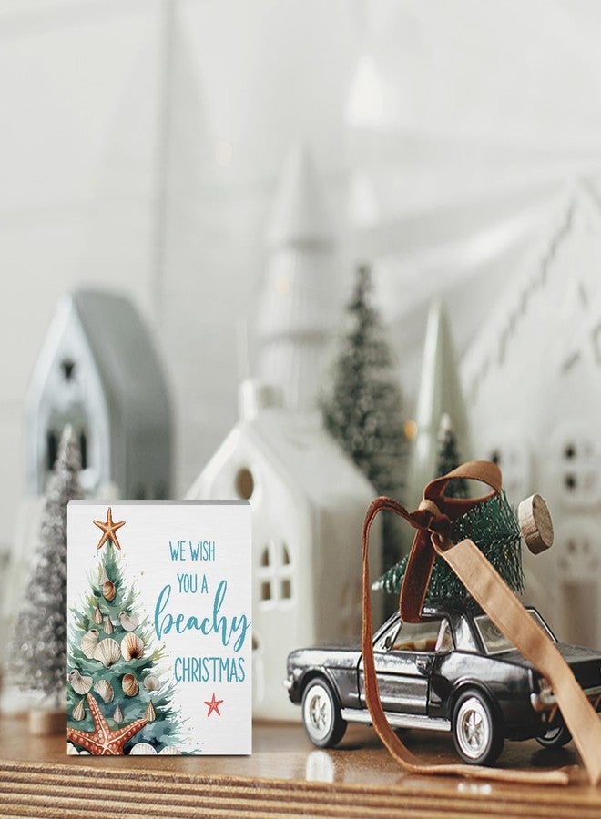 BARREEMO Coastal Beach Christmas Decor We Wish You A Beachy Christmas Tropical Decorations Wood Sign for Office Desk Table Shelf Home Decor 5 x 5 Inches - Image 4